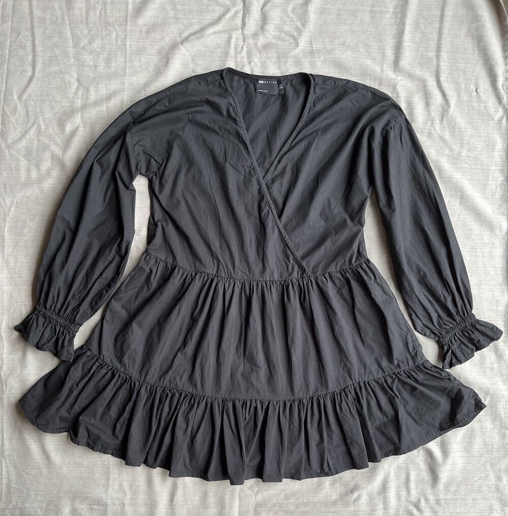ASOS Design Women’s 4 Black Smock Mini Dress V Neck Tiered Ruffle Long Sleeve